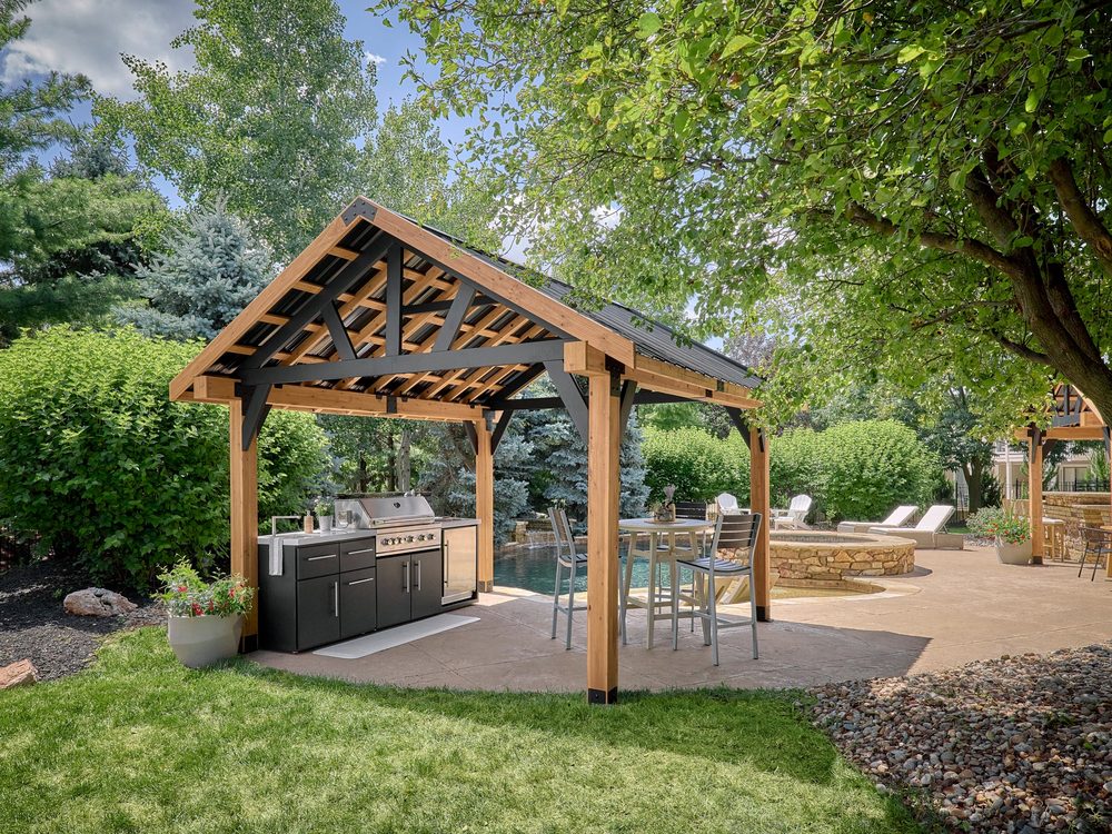 Backyard Discovery cedar gazebo over an outdoor kitchen