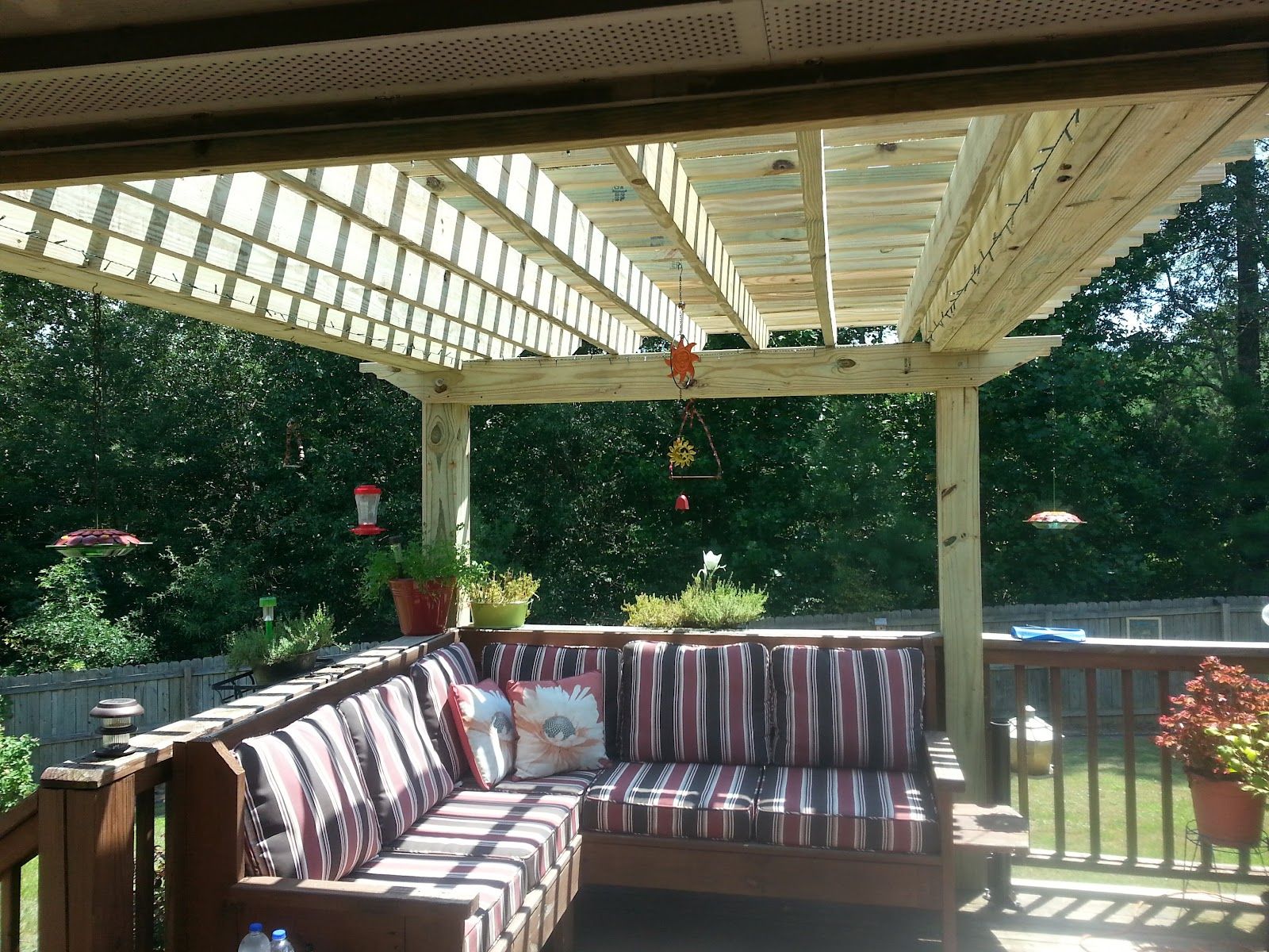 Pergola over an outdoor seating area